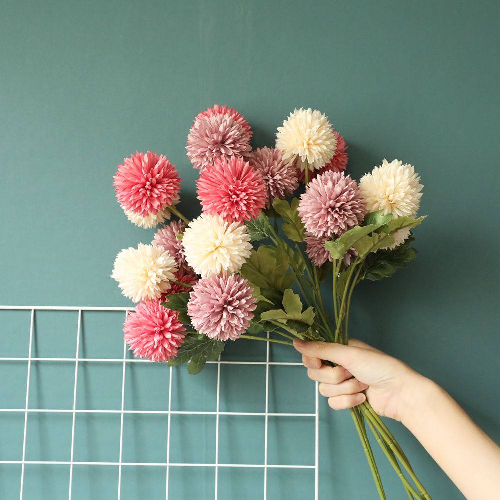YC1019 Hot Selling Wedding Single Stem 3 Heads Fabric Artificial Ball Chrysanthemum For Wedding Supplies