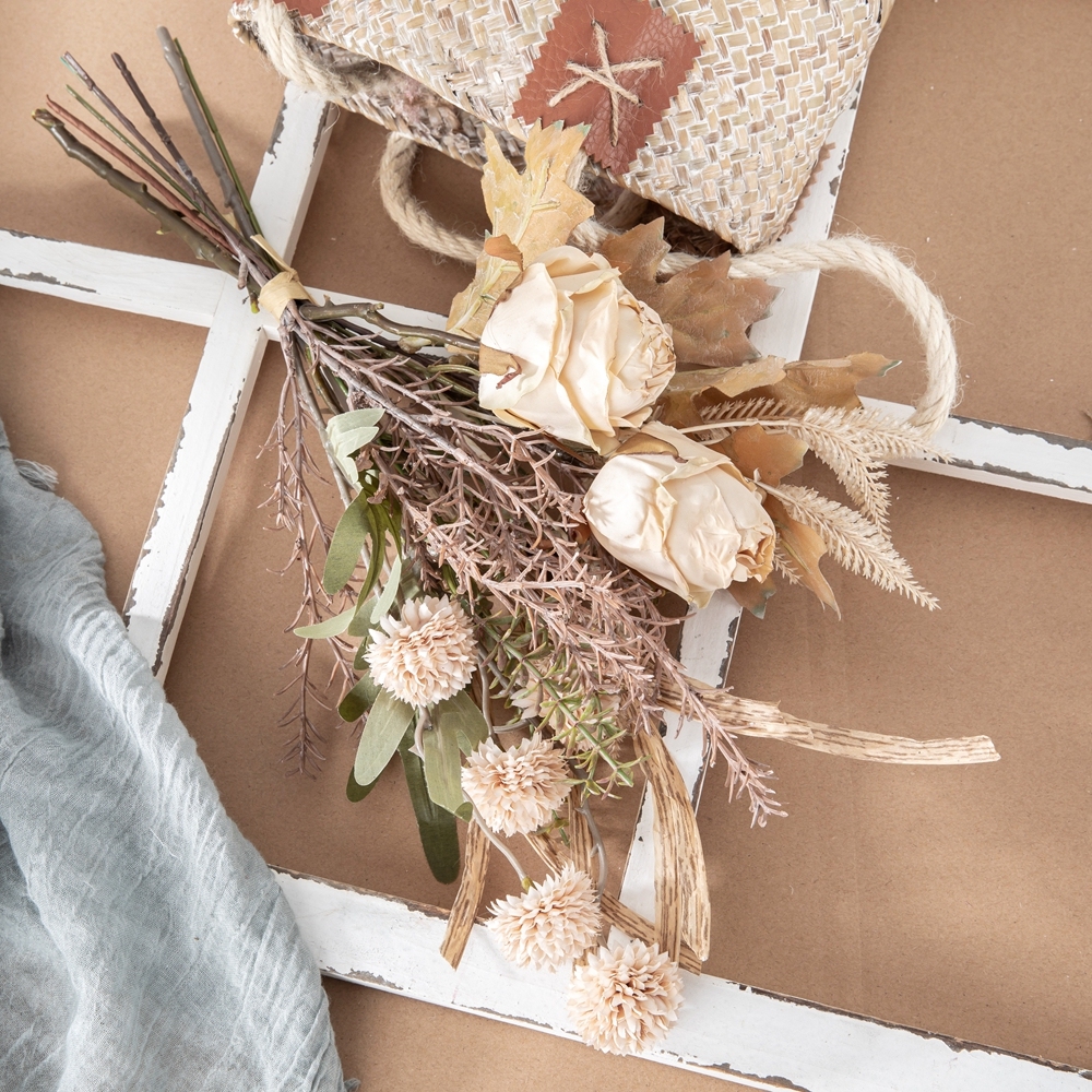 CF01219 New Design Artificial Fabric Flower Bouquet Dry Burned Rose Bunch for Party Wedding Home Decoration