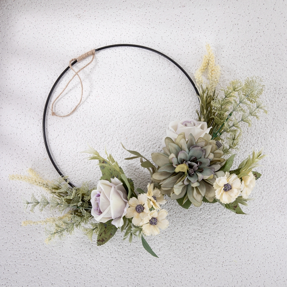 CF01206 Spring Wholesale Metal Hoop Wreath Fabric SIlk 38cm Artificial Rose Daisy Flower wreath for Wall Decor Wedding Backdrop
