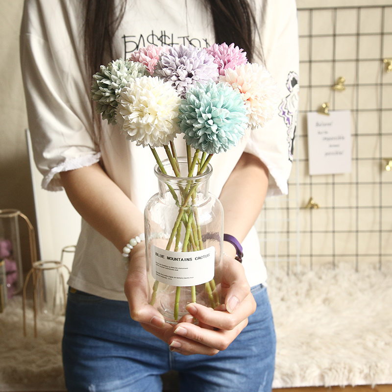 MW15192 Factory Direct Artificial Flower Pompom Flower Small Ball Head Chrysanthemum Single Stem Flower Wall Backdrop