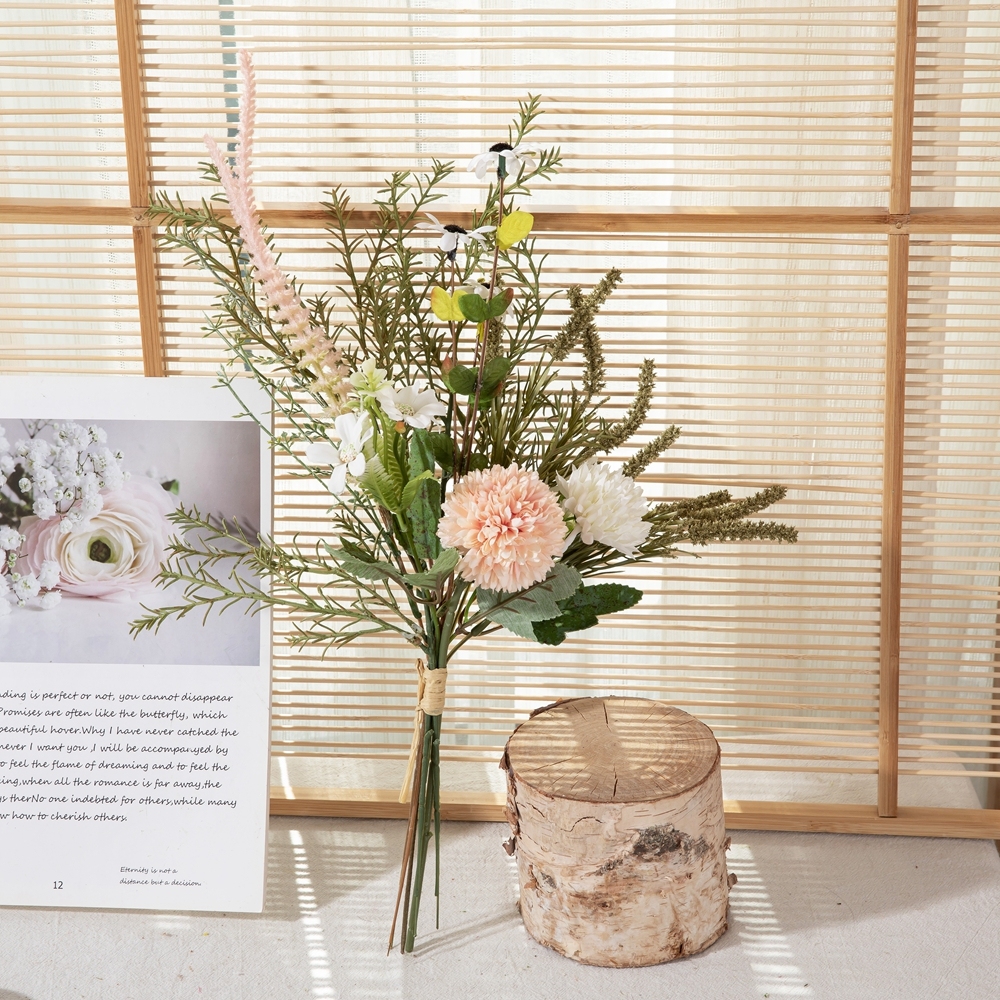 CF01256 Champagne White 2 Dandelions Ball Chrysanthemum with Daisy and Sage Artificial Flowers Bouquet for Home Wedding Decor