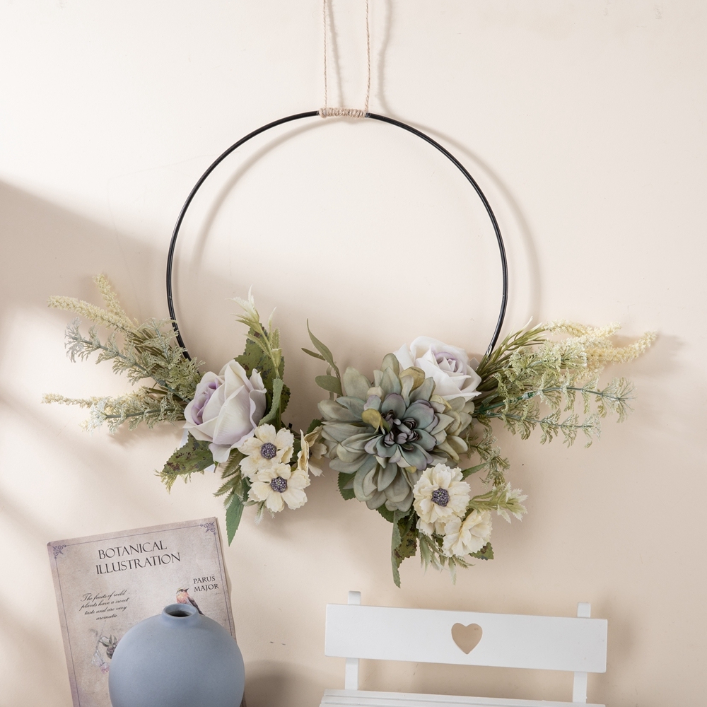 CF01206 Spring Wholesale Metal Hoop Wreath Fabric SIlk 38cm Artificial Rose Daisy Flower wreath for Wall Decor Wedding Backdrop