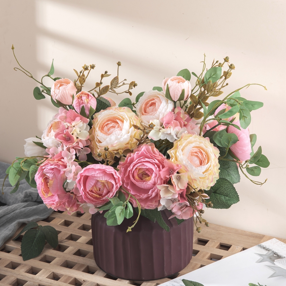 GF16384 Popular silk Ranunculus Hydrangea White Green flower Bridal for Decorative Flower