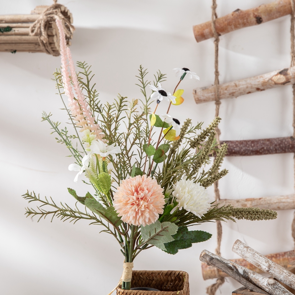 CF01256 Champagne White 2 Dandelions Ball Chrysanthemum with Daisy and Sage Artificial Flowers Bouquet for Home Wedding Decor