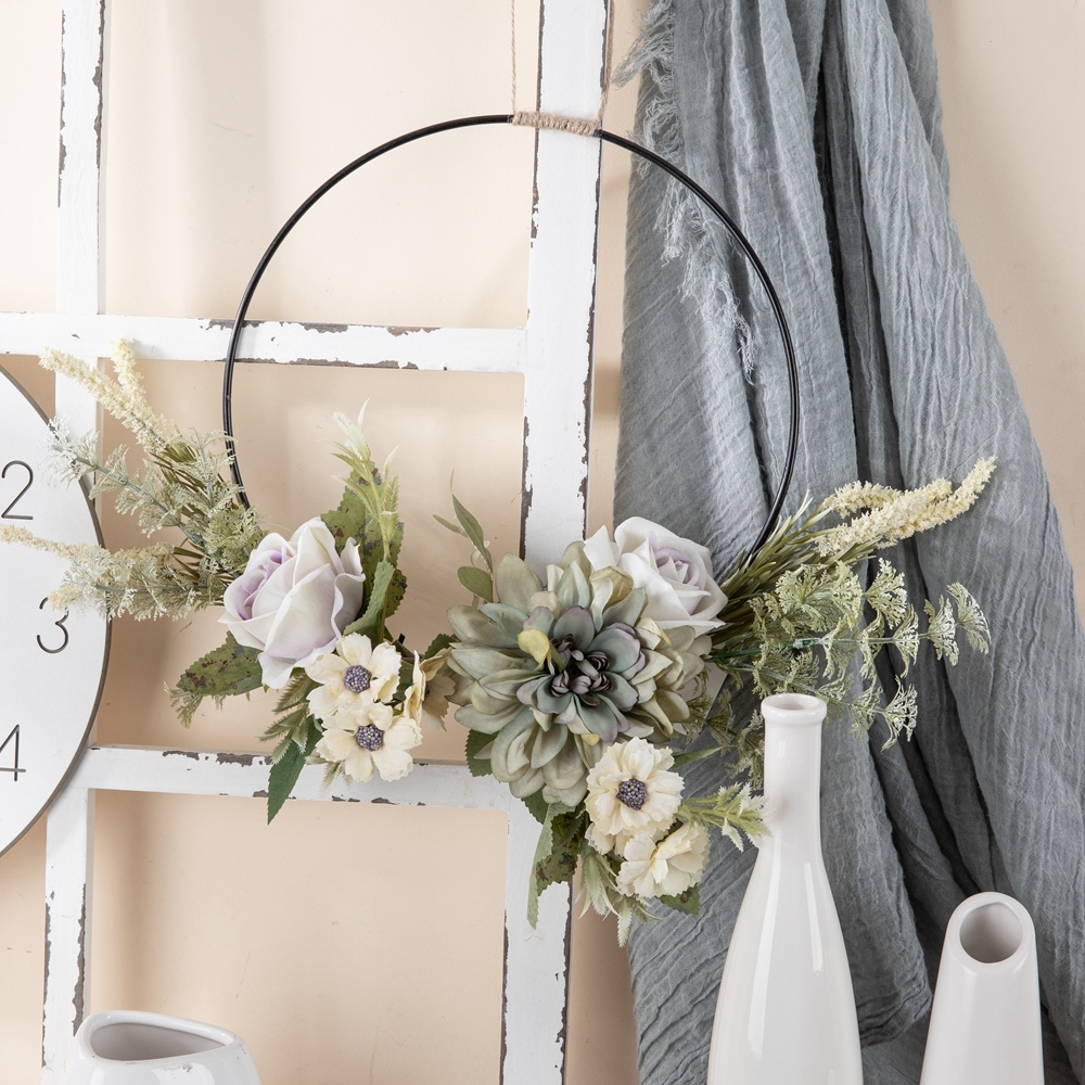 CF01206 Spring Wholesale Metal Hoop Wreath Fabric SIlk 38cm Artificial Rose Daisy Flower wreath for Wall Decor Wedding Backdrop