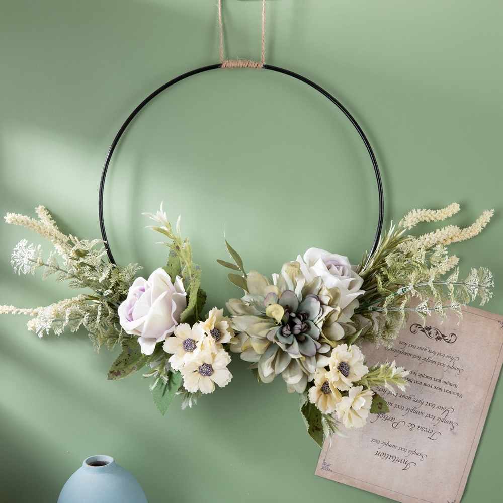 CF01206 Spring Wholesale Metal Hoop Wreath Fabric SIlk 38cm Artificial Rose Daisy Flower wreath for Wall Decor Wedding Backdrop