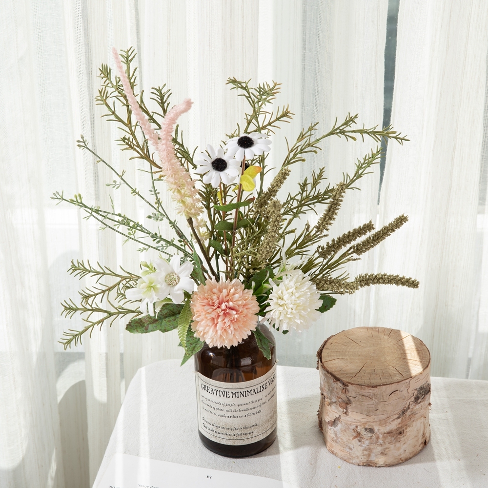 CF01256 Champagne White 2 Dandelions Ball Chrysanthemum with Daisy and Sage Artificial Flowers Bouquet for Home Wedding Decor