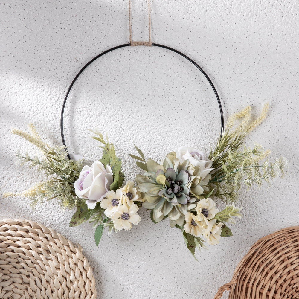 CF01206 Spring Wholesale Metal Hoop Wreath Fabric SIlk 38cm Artificial Rose Daisy Flower wreath for Wall Decor Wedding Backdrop