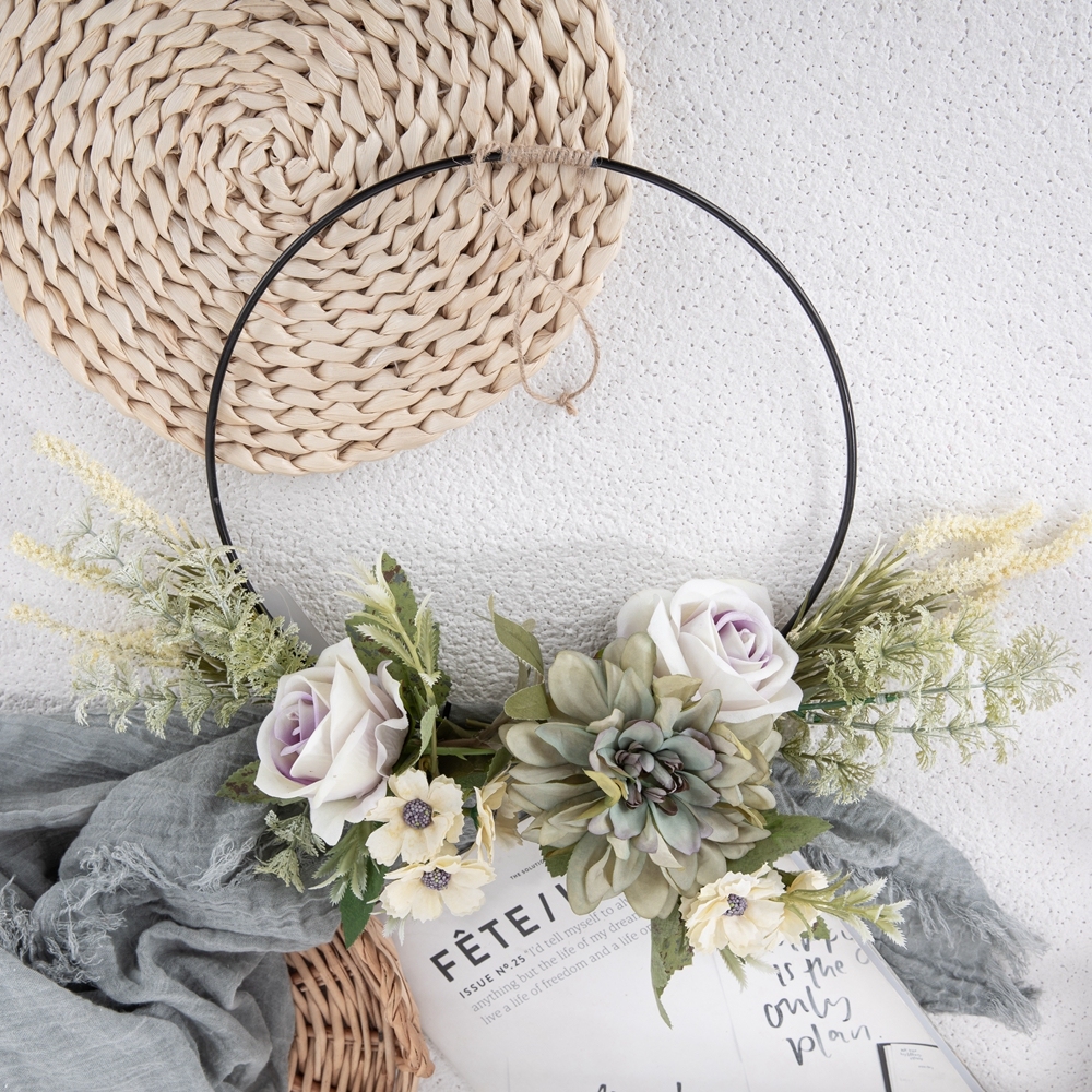 CF01206 Spring Wholesale Metal Hoop Wreath Fabric SIlk 38cm Artificial Rose Daisy Flower wreath for Wall Decor Wedding Backdrop