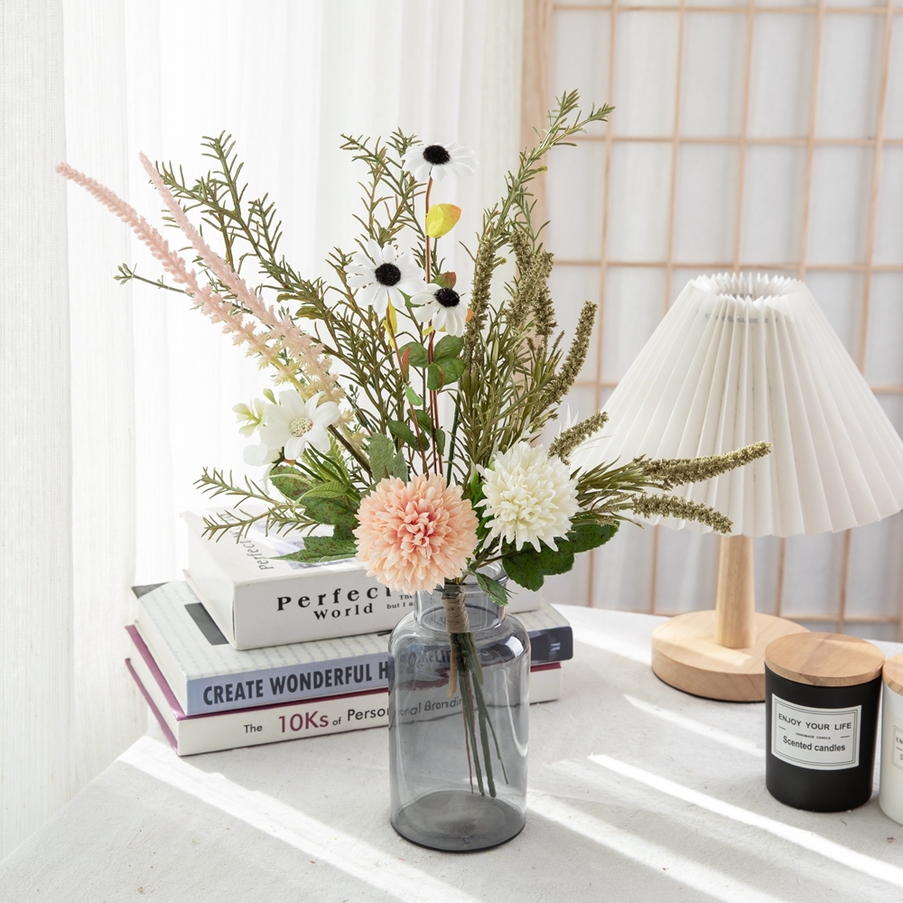 CF01256 Champagne White 2 Dandelions Ball Chrysanthemum with Daisy and Sage Artificial Flowers Bouquet for Home Wedding Decor