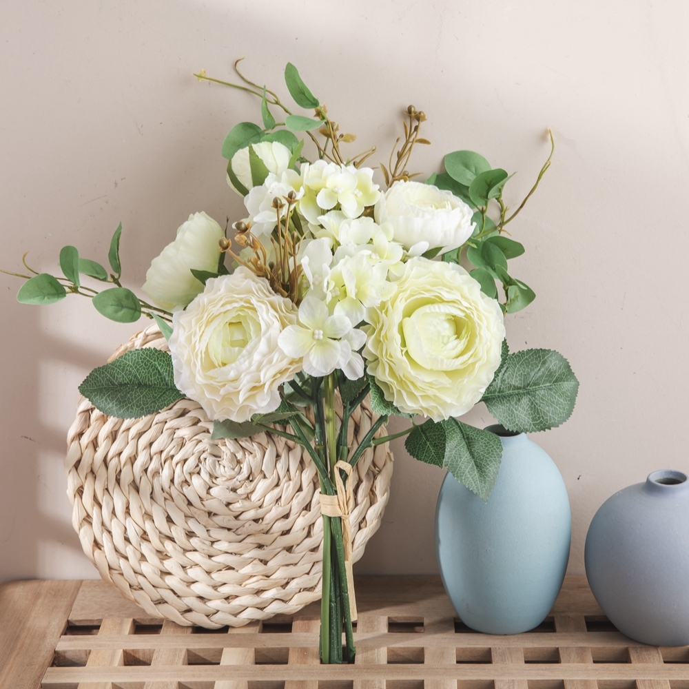GF16384 Popular silk Ranunculus Hydrangea White Green flower Bridal for Decorative Flower