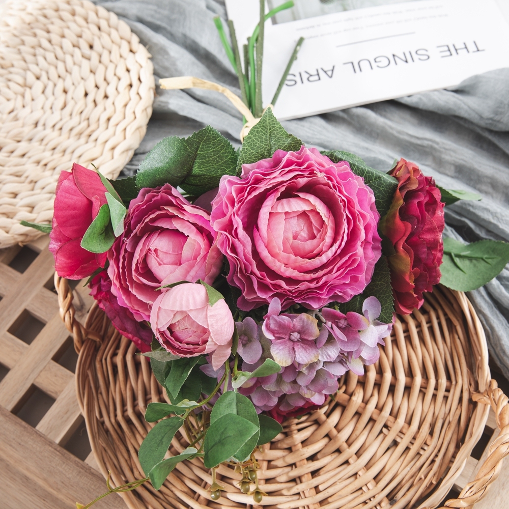 GF16384 Popular silk Ranunculus Hydrangea White Green flower Bridal for Decorative Flower