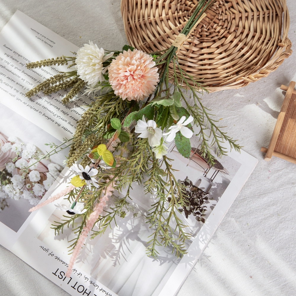 CF01256 Champagne White 2 Dandelions Ball Chrysanthemum with Daisy and Sage Artificial Flowers Bouquet for Home Wedding Decor
