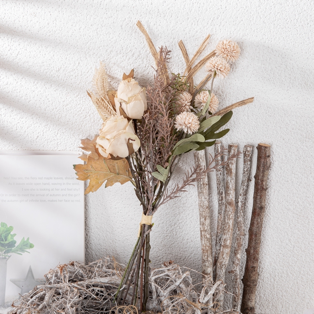 CF01219 New Design Artificial Fabric Flower Bouquet Dry Burned Rose Bunch for Party Wedding Home Decoration