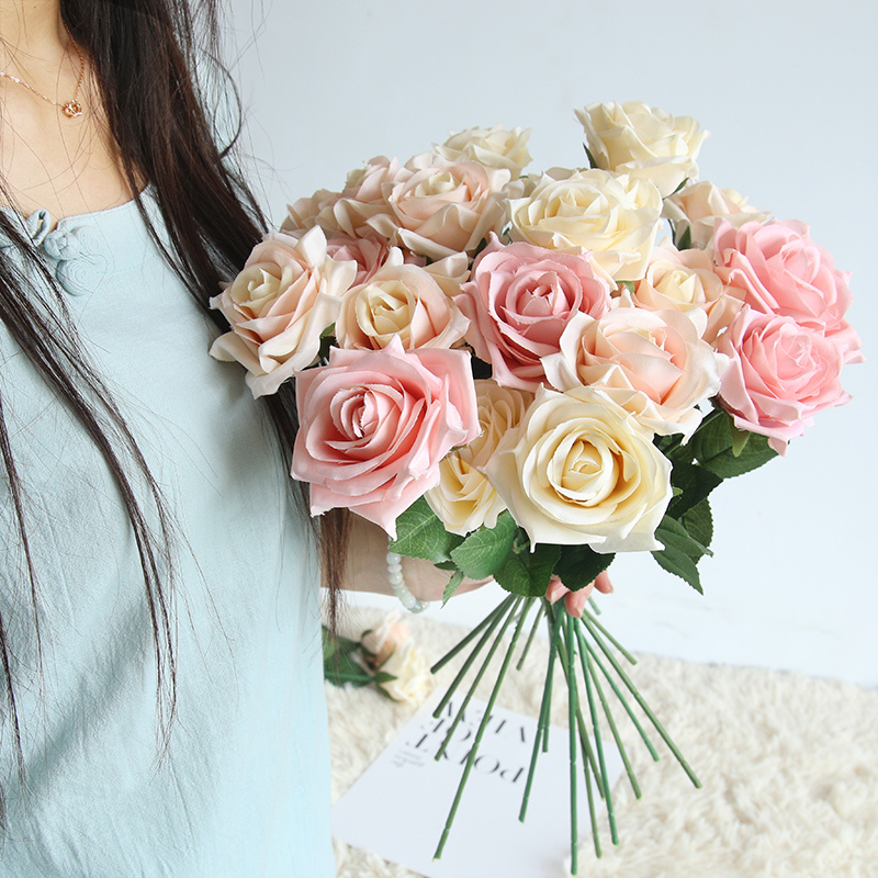 DY1-533 Realistic Artificial Flower Cream Artificial Silk Rose For Decorative Flowers and Plants
