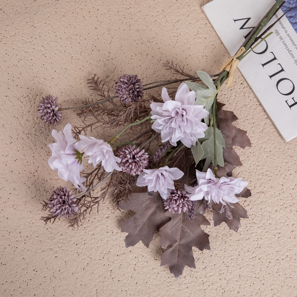 CF01277 Fall Artificial Flower Dry Bouquet Purple Dahlia Dandelion Acorn Leaf Rosemary Dinning Living Room Kitchen Decoration