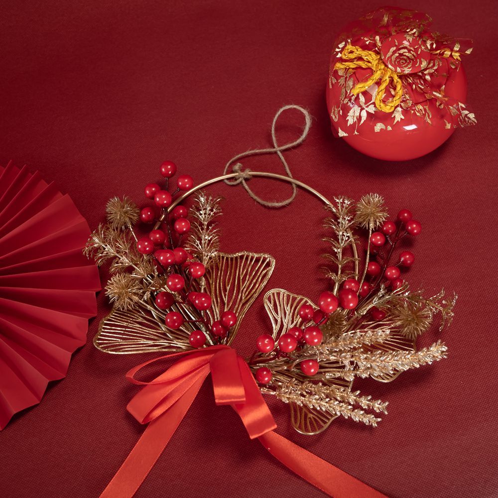 CF01086 Artificial Red Berry Gold Wreath Wall Hanging New Design Festive Decorations Christmas Picks