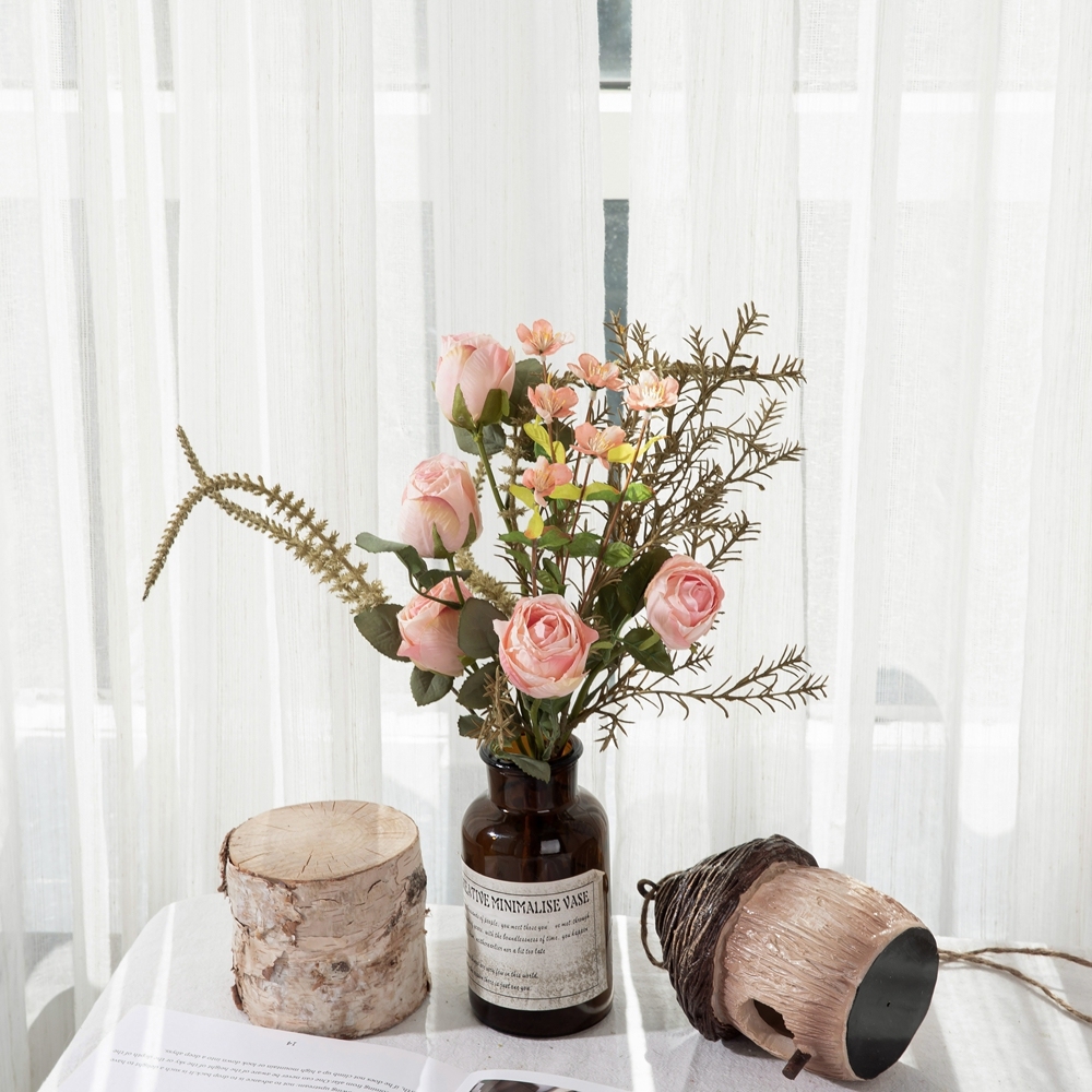 CF01251 CALLAFLORAL Artificial Flower Bouquet Pink Roasted Roses with Rosemary and Sage Bouquet for Wedding Home Hotel Decor
