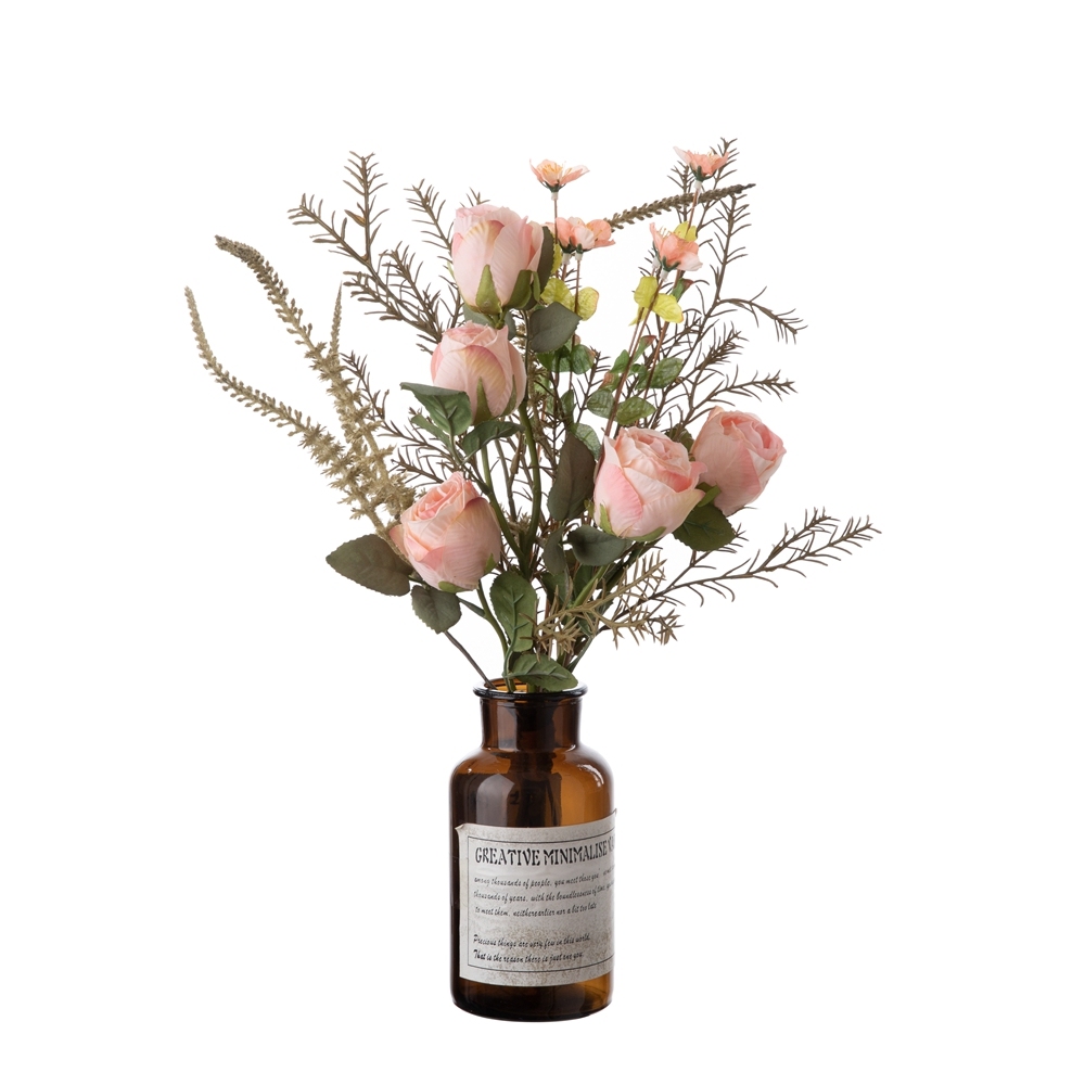 CF01251 CALLAFLORAL Artificial Flower Bouquet Pink Roasted Roses with Rosemary and Sage Bouquet for Wedding Home Hotel Decor