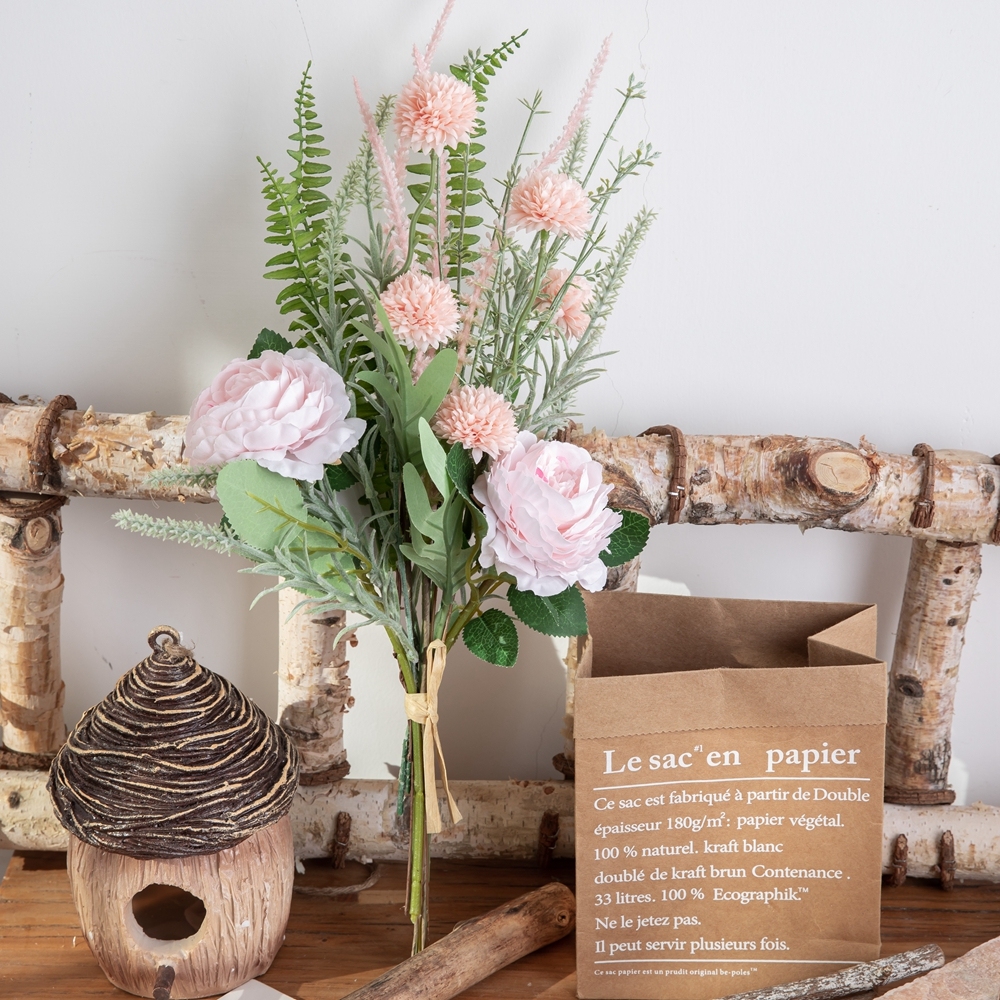 CF01245 Artificial Pink Rose Dandelion Persian Chestnut Rice Grass Sage Bouquet Decorative Wedding Home Flowers