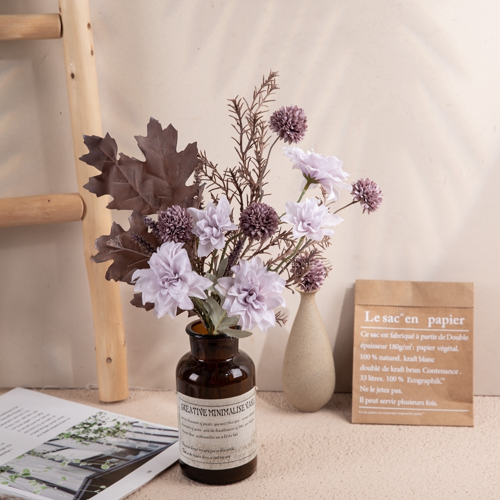 CF01277 Fall Artificial Flower Dry Bouquet Purple Dahlia Dandelion Acorn Leaf Rosemary Dinning Living Room Kitchen Decoration