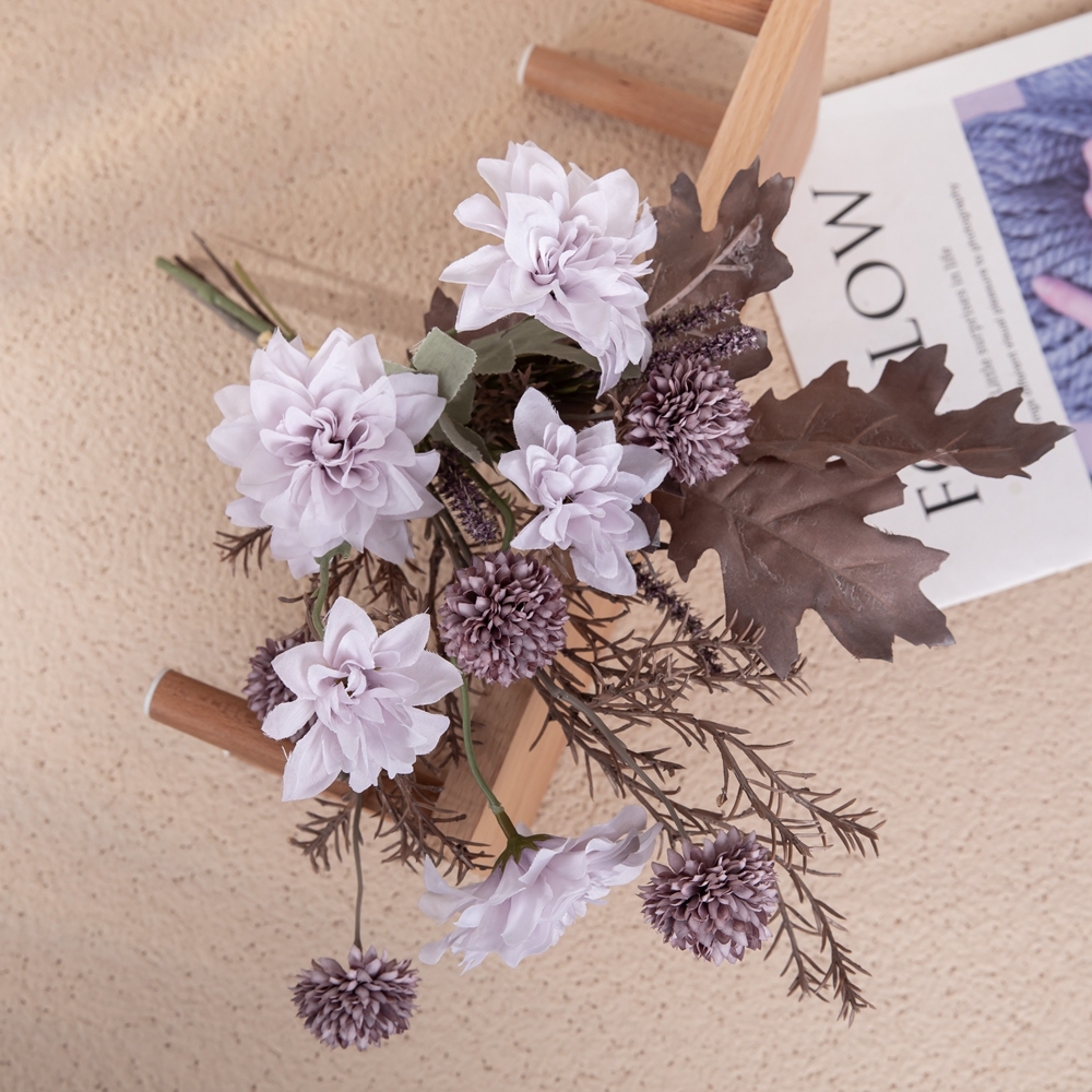CF01277 Fall Artificial Flower Dry Bouquet Purple Dahlia Dandelion Acorn Leaf Rosemary Dinning Living Room Kitchen Decoration