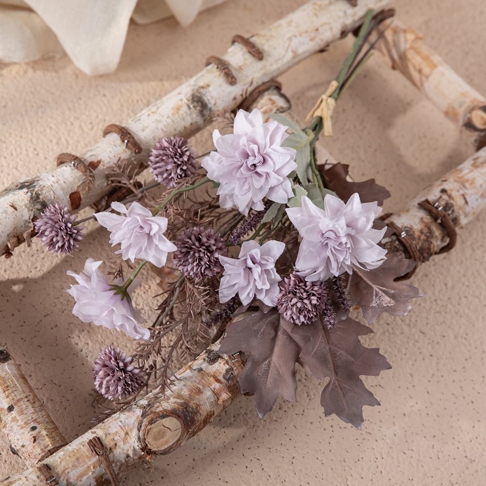CF01277 Fall Artificial Flower Dry Bouquet Purple Dahlia Dandelion Acorn Leaf Rosemary Dinning Living Room Kitchen Decoration