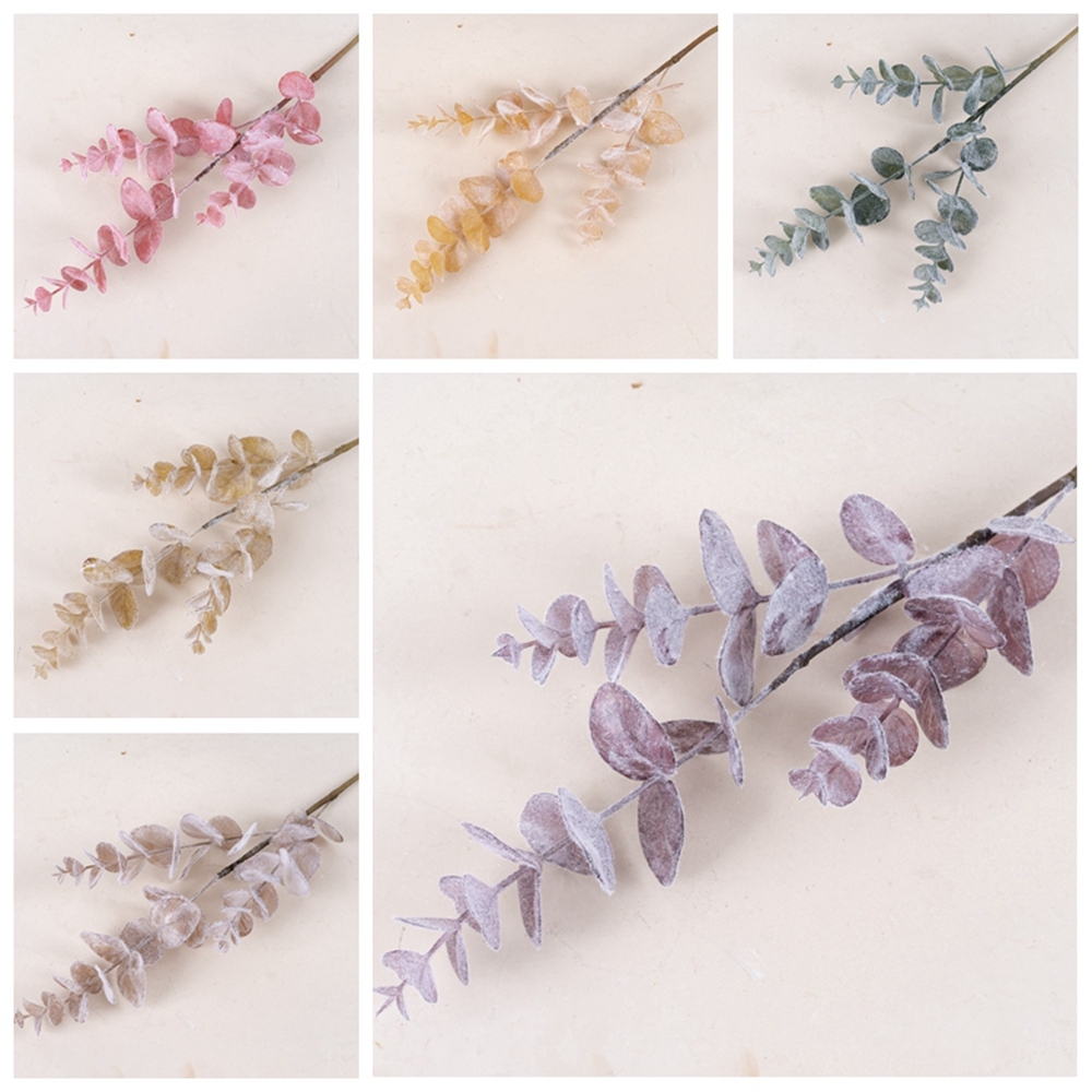 MW09108 Artificial Flocking Eucalyptus Leaves Stems Leaf Branches for Home Office Flowers Bouquet Centerpiece Wedding Decor