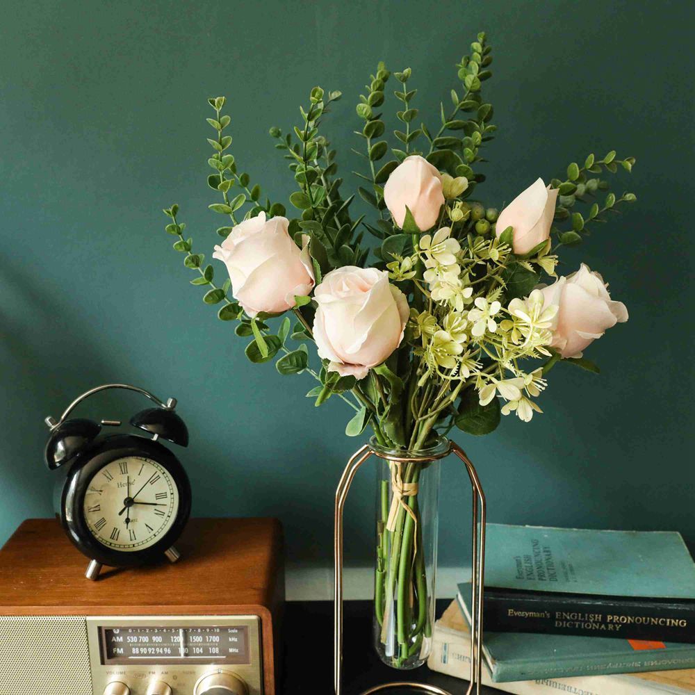 YC1053 Popular Artificial Rose Eucalyptus Flower Bouquets Artificial Silk Plastic For Mother's Day gift