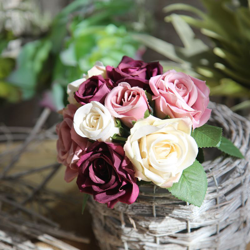 GF12504 Wholesale Artificial Flower Bouquet 9Heads Red Rose For Wedding Decoration