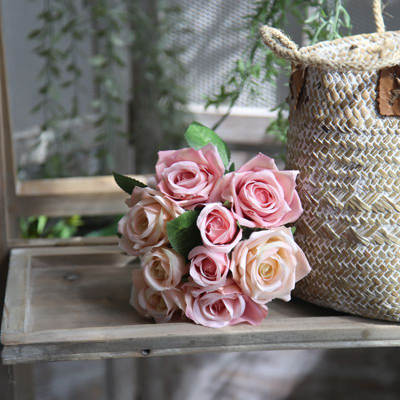 GF12504 Wholesale Artificial Flower Bouquet 9Heads Red Rose For Wedding Decoration