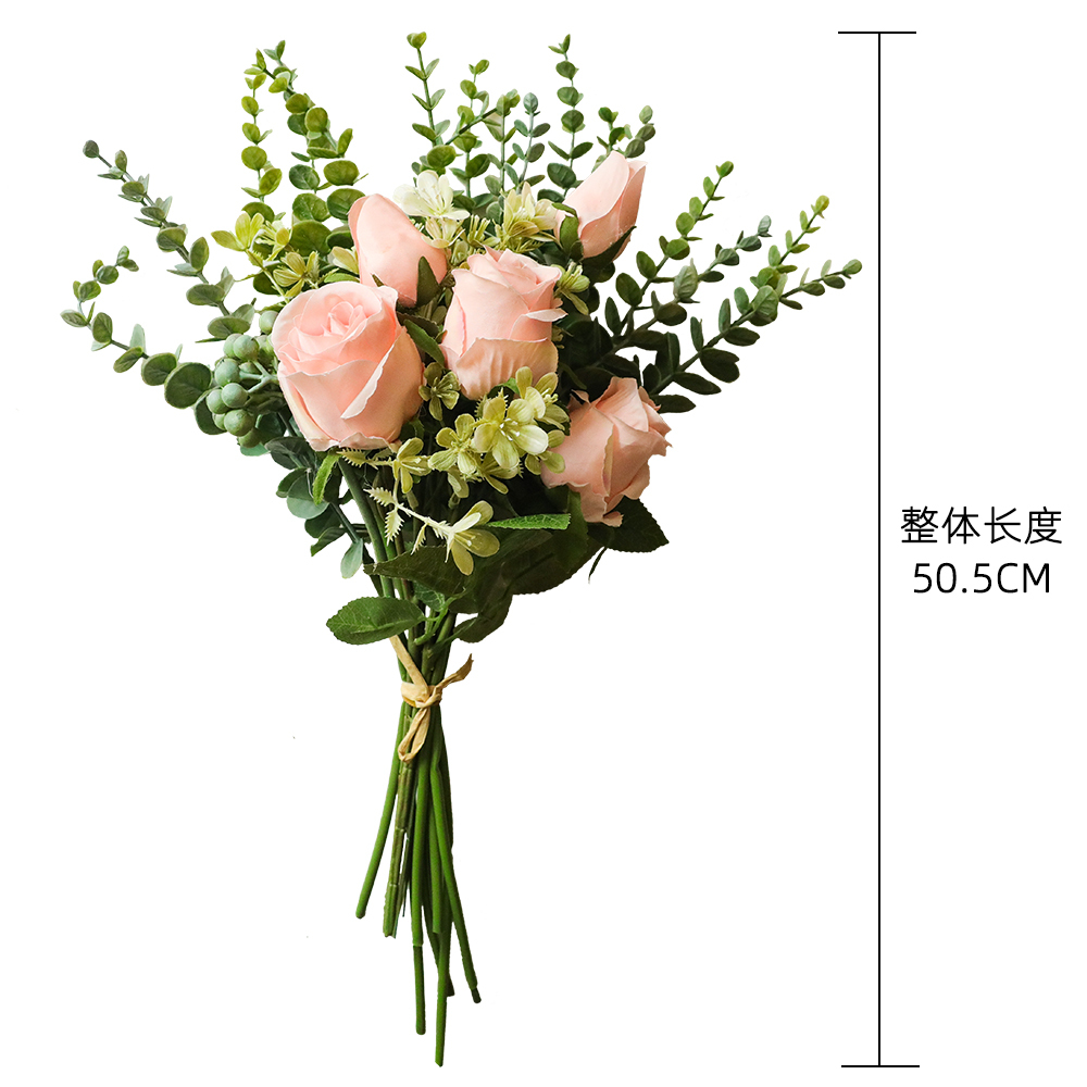 YC1053 Popular Artificial Rose Eucalyptus Flower Bouquets Artificial Silk Plastic For Mother's Day gift