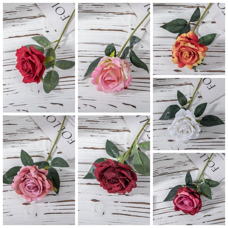 MW03336 Popular Artificial Red Roses Short Stem Velvet Material For Flower Wall Backdrop