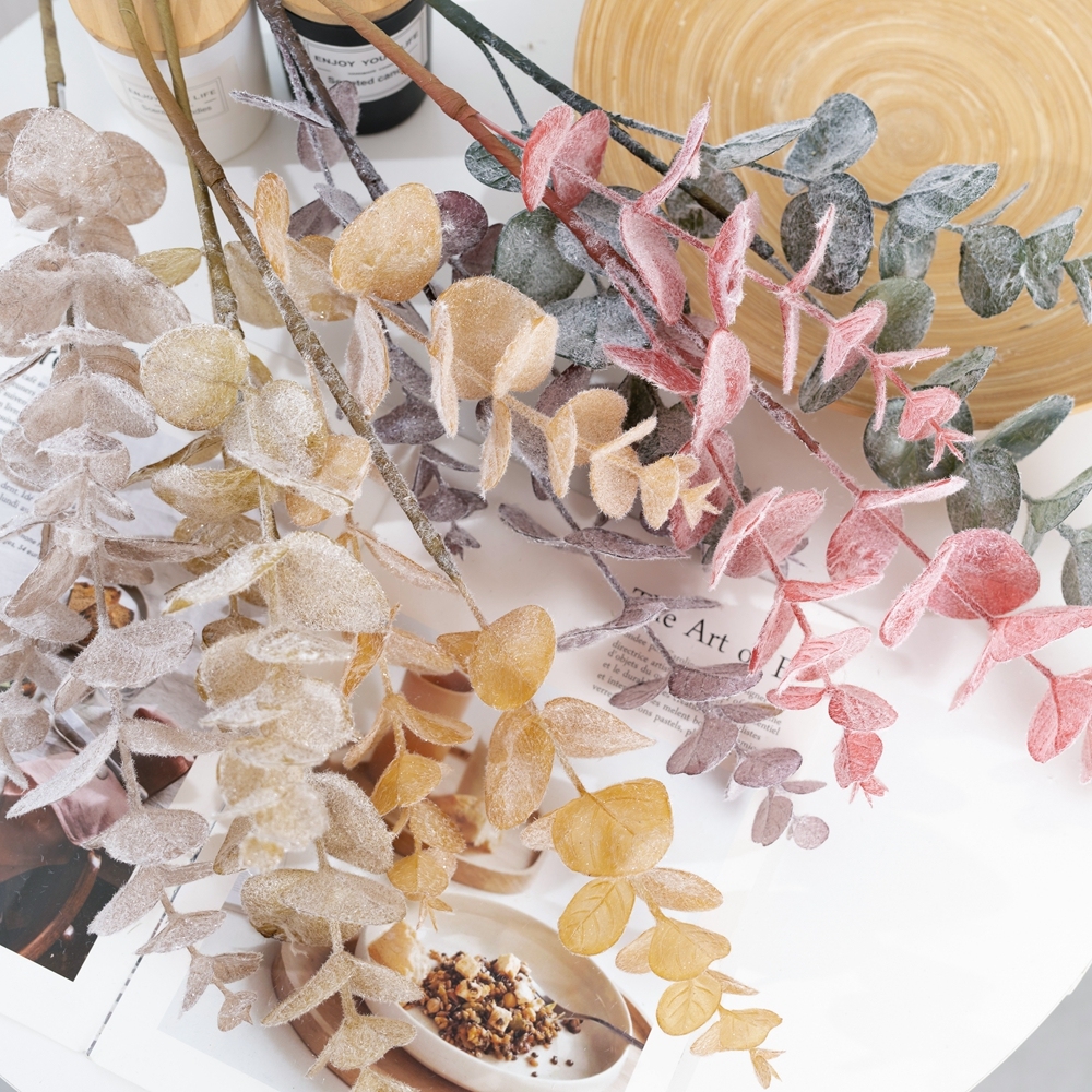 MW09108 Artificial Flocking Eucalyptus Leaves Stems Leaf Branches for Home Office Flowers Bouquet Centerpiece Wedding Decor