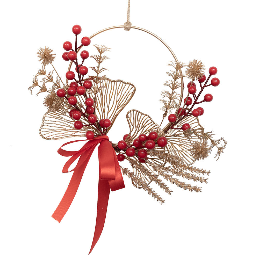 CF01086 Artificial Red Berry Gold Wreath Wall Hanging New Design Festive Decorations Christmas Picks