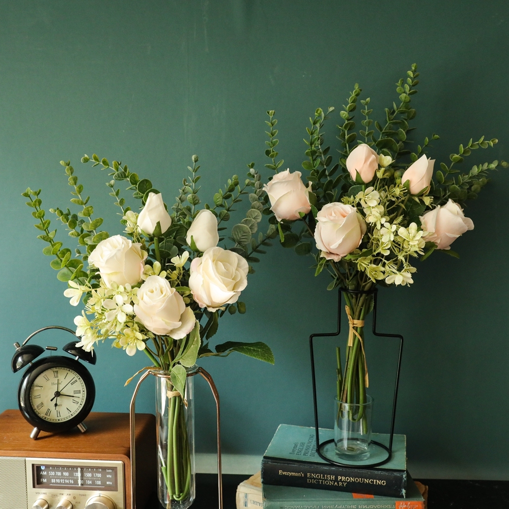 YC1053 Popular Artificial Rose Eucalyptus Flower Bouquets Artificial Silk Plastic For Mother's Day gift