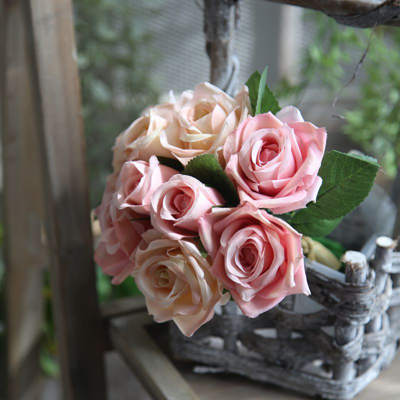 GF12504 Wholesale Artificial Flower Bouquet 9Heads Red Rose For Wedding Decoration