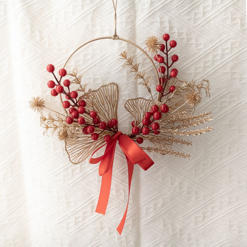 CF01086 Artificial Red Berry Gold Wreath Wall Hanging New Design Festive Decorations Christmas Picks