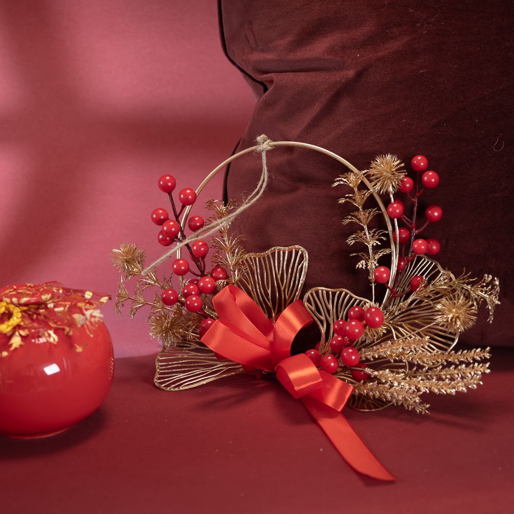 CF01086 Artificial Red Berry Gold Wreath Wall Hanging New Design Festive Decorations Christmas Picks