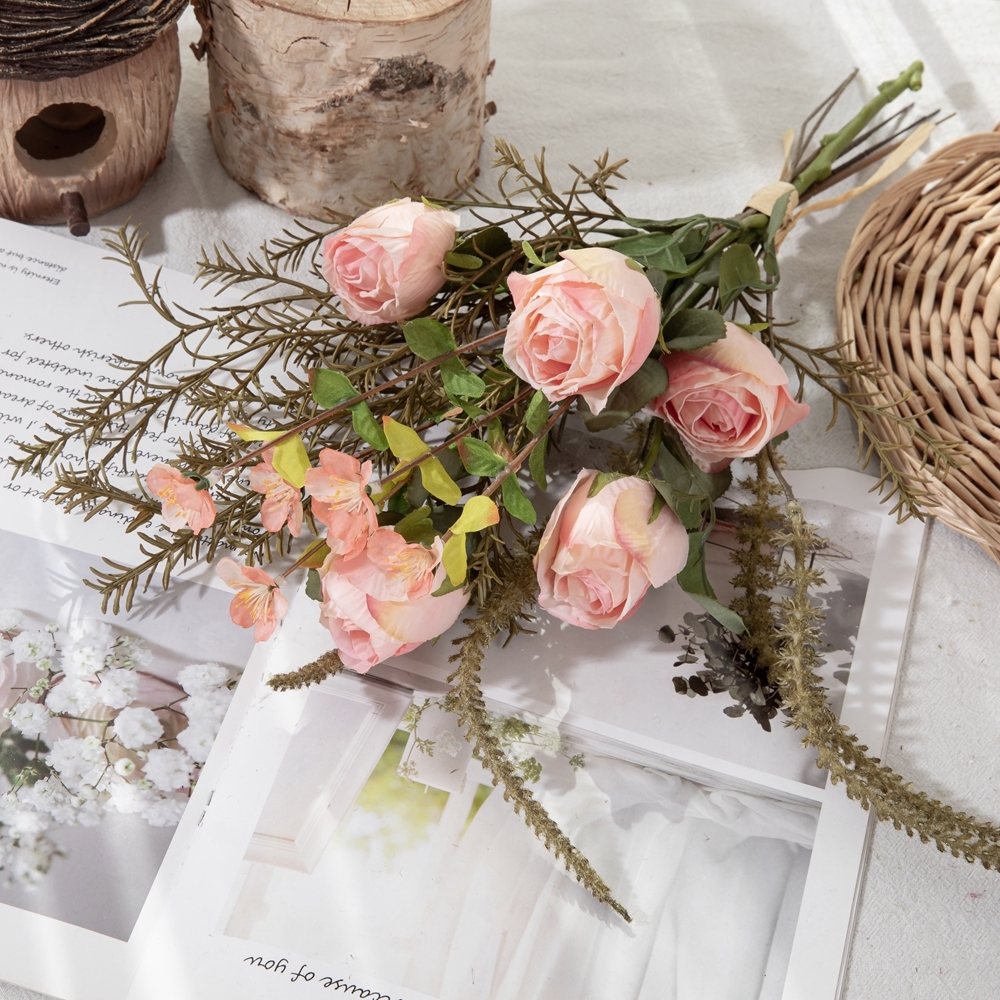 CF01251 CALLAFLORAL Artificial Flower Bouquet Pink Roasted Roses with Rosemary and Sage Bouquet for Wedding Home Hotel Decor