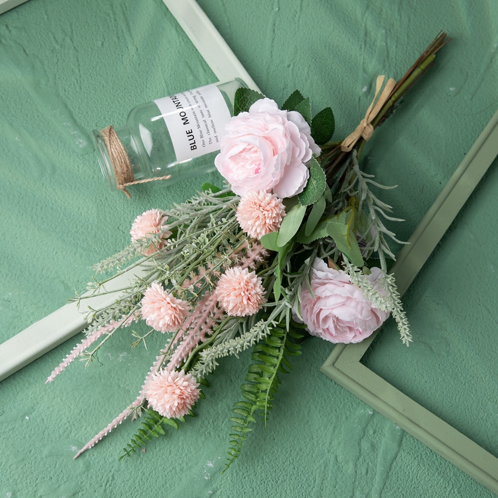 CF01245 Artificial Pink Rose Dandelion Persian Chestnut Rice Grass Sage Bouquet Decorative Wedding Home Flowers