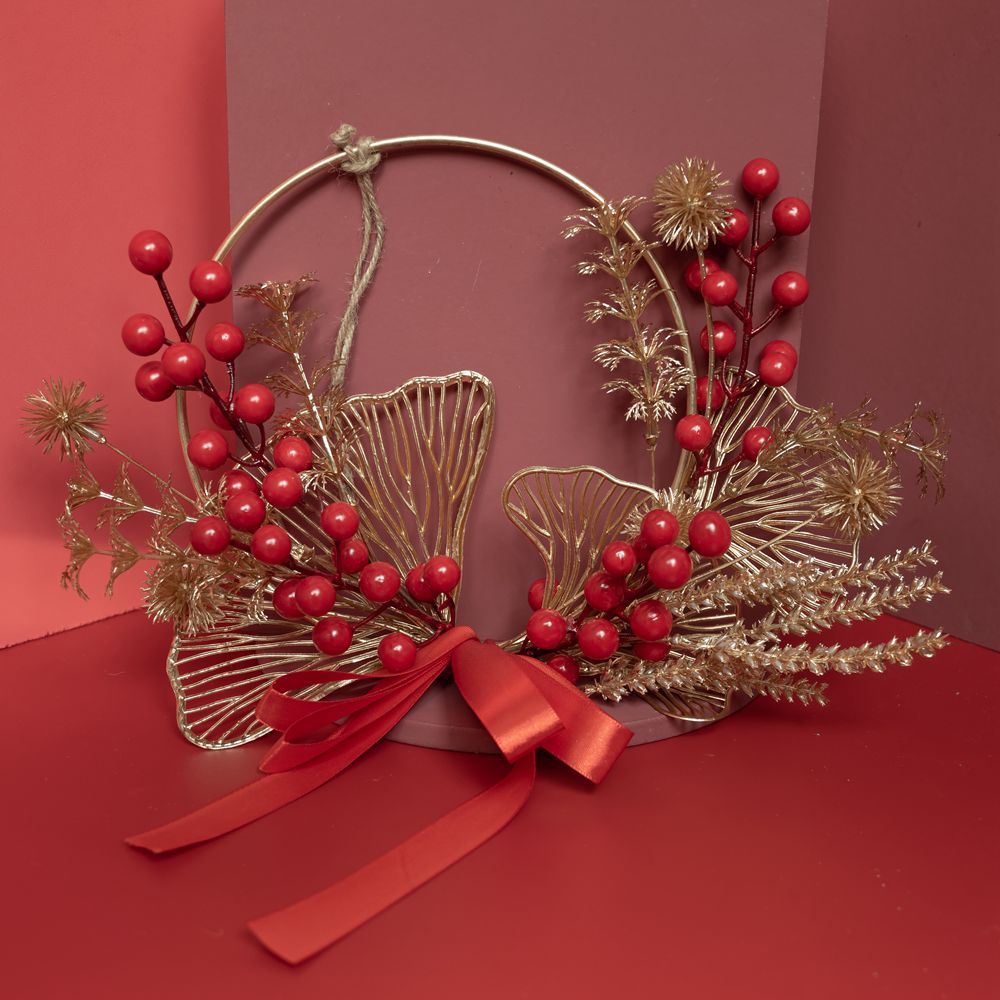 CF01086 Artificial Red Berry Gold Wreath Wall Hanging New Design Festive Decorations Christmas Picks