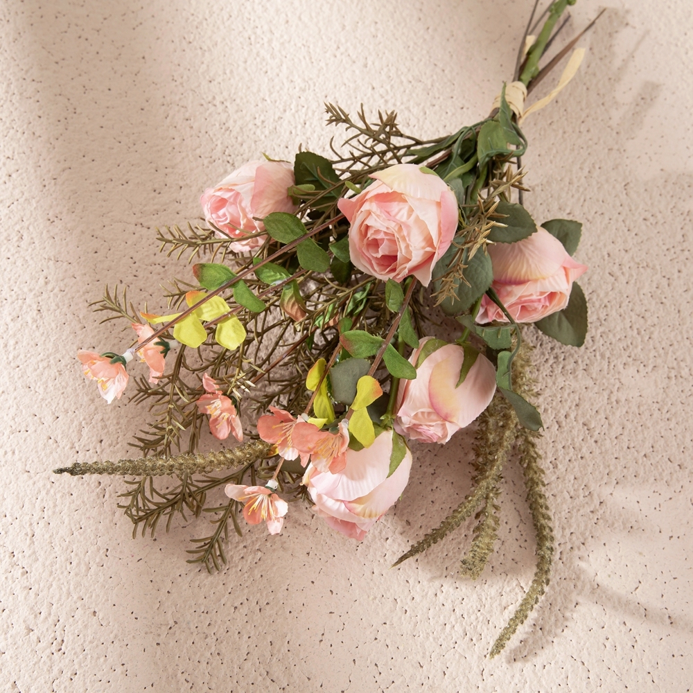 CF01251 CALLAFLORAL Artificial Flower Bouquet Pink Roasted Roses with Rosemary and Sage Bouquet for Wedding Home Hotel Decor