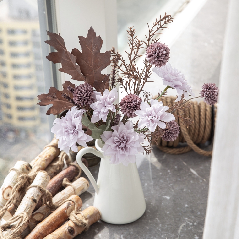CF01277 Fall Artificial Flower Dry Bouquet Purple Dahlia Dandelion Acorn Leaf Rosemary Dinning Living Room Kitchen Decoration