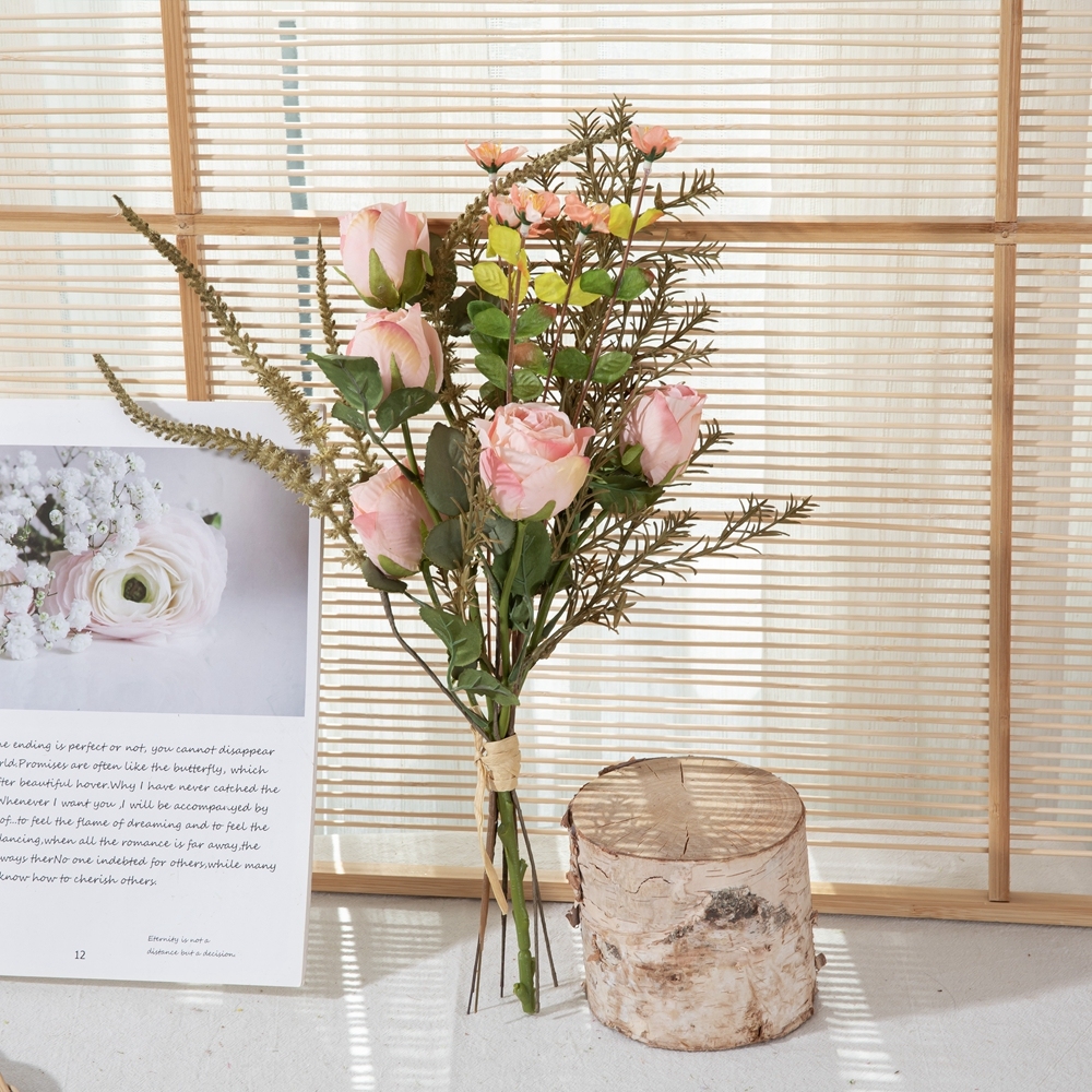 CF01251 CALLAFLORAL Artificial Flower Bouquet Pink Roasted Roses with Rosemary and Sage Bouquet for Wedding Home Hotel Decor