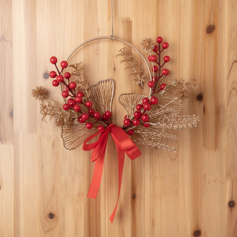 CF01086 Artificial Red Berry Gold Wreath Wall Hanging New Design Festive Decorations Christmas Picks