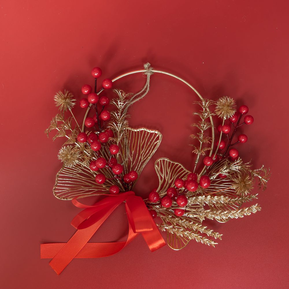 CF01086 Artificial Red Berry Gold Wreath Wall Hanging New Design Festive Decorations Christmas Picks