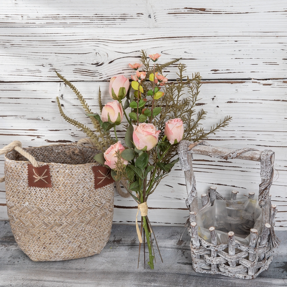 CF01251 CALLAFLORAL Artificial Flower Bouquet Pink Roasted Roses with Rosemary and Sage Bouquet for Wedding Home Hotel Decor