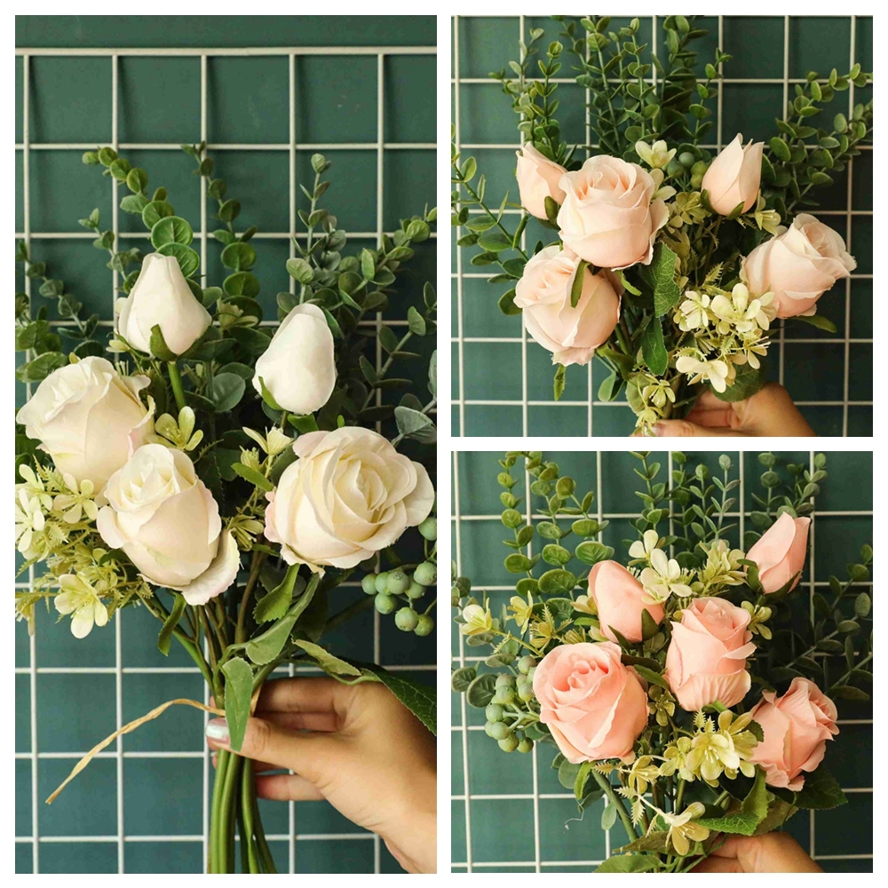 YC1053 Popular Artificial Rose Eucalyptus Flower Bouquets Artificial Silk Plastic For Mother's Day gift