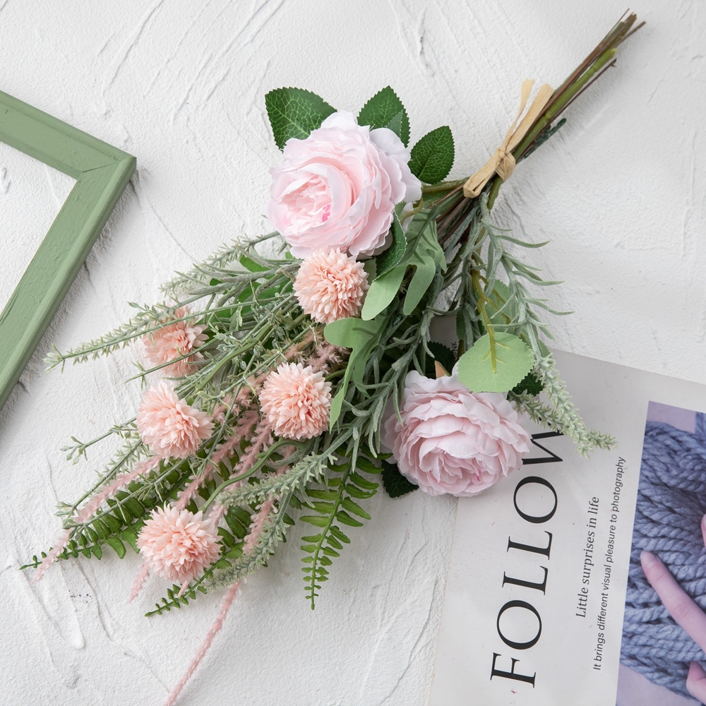 CF01245 Artificial Pink Rose Dandelion Persian Chestnut Rice Grass Sage Bouquet Decorative Wedding Home Flowers